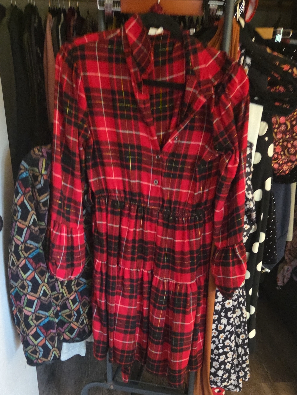 Maurices Red and Black Plaid Tiered Button-Up Dress